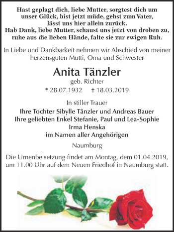 Traueranzeige von Anita Tänzler von WVG - Wochenspiegel NMB / WSF / ZTZ