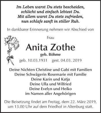 Traueranzeige von Anita Zothe von WVG - Wochenspiegel NMB / WSF / ZTZ