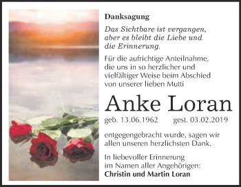 Traueranzeige von Anke Loran von Super Sonntag Wittenberg