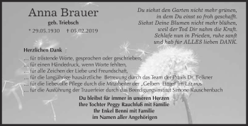 Traueranzeige von Anna Brauer von WVG - Wochenspiegel NMB / WSF / ZTZ