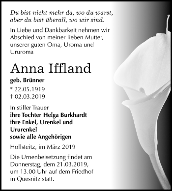 Traueranzeige von Anna Iffland von Mitteldeutsche Zeitung Zeitz