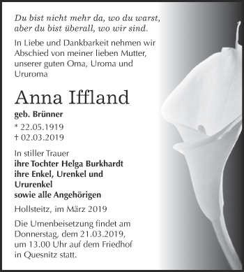 Traueranzeige von Anna Iffland von WVG - Wochenspiegel NMB / WSF / ZTZ