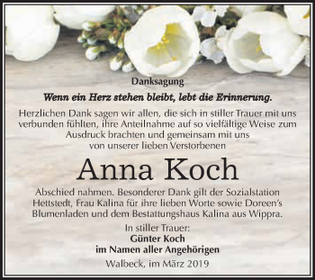 Traueranzeige von Anna Koch von Super Sonntag SGH Mansf. Land