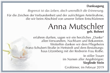 Traueranzeige von Anna Mutschier von Wochenspiegel Mansfelder Land