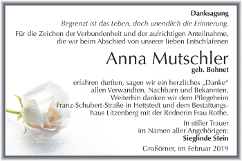 Traueranzeige von Anna Mutschier von Mitteldeutsche Zeitung Mansfelder Land