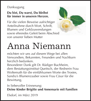 Traueranzeige von Anna Niemann von WVG - Wochenspiegel Dessau / Köthen