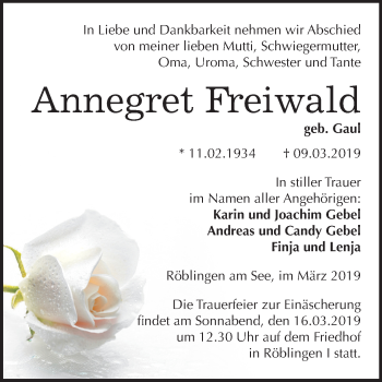 Traueranzeige von Annegret Freiwald von Mitteldeutsche Zeitung