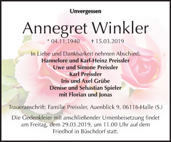 Traueranzeige von Annegret Winkler von Mitteldeutsche Zeitung Halle/Saalkreis