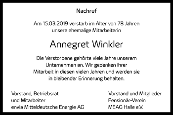 Traueranzeige von Annegret Winkler von Mitteldeutsche Zeitung Halle/Saalkreis