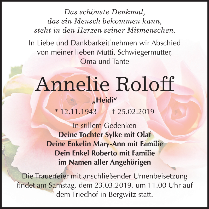  Traueranzeige für Annelie Roloff vom 09.03.2019 aus Mitteldeutsche Zeitung