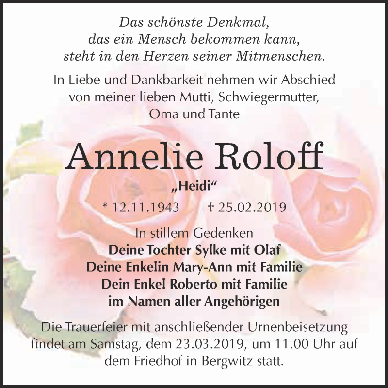  Traueranzeige für Annelie Roloff vom 09.03.2019 aus Super Sonntag Wittenberg