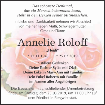 Traueranzeige von Annelie Roloff von Super Sonntag Wittenberg