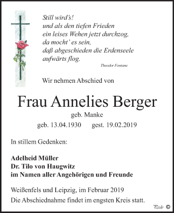 Traueranzeige von Annelies Berger von Mitteldeutsche Zeitung Weißenfels