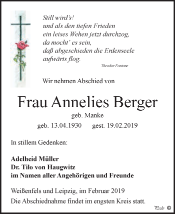 Traueranzeige von Annelies Berger von WVG - Wochenspiegel NMB / WSF / ZTZ