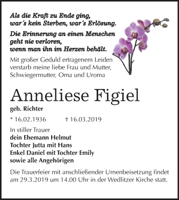 Traueranzeige von Anneliese Figiel von Mitteldeutsche Zeitung Bernburg