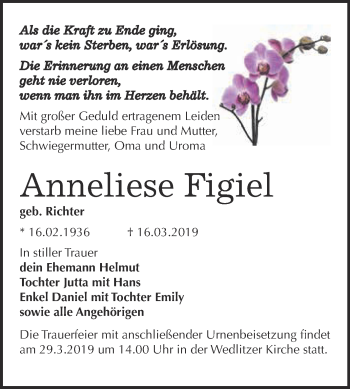 Traueranzeige von Anneliese Figiel von Super Sonntag Bernburg