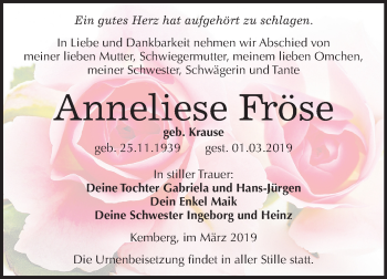 Traueranzeige von Anneliese Fröse von Mitteldeutsche Zeitung