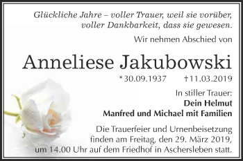 Traueranzeige von Anneliese Jakubowski von Super Sonntag Aschersleben