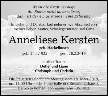 Traueranzeige von Anneliese Kersten von Mitteldeutsche Zeitung Köthen