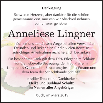 Traueranzeige von Anneliese Lingner von Mitteldeutsche Zeitung Bitterfeld