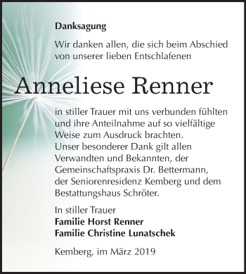 Traueranzeige von Anneliese Renner von Mitteldeutsche Zeitung