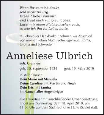 Traueranzeige von Anneliese Ulbrich von Mitteldeutsche Zeitung