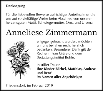 Traueranzeige von Anneliese Zimmermann von WVG - Wochenspiegel Merseburg