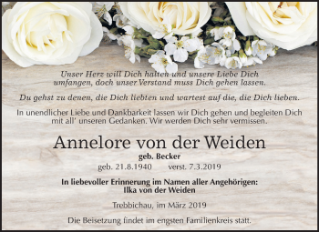 Traueranzeige von Annelore von der Weiden von Mitteldeutsche Zeitung Köthen