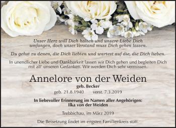 Traueranzeige von Annelore von der Weiden von WVG - Wochenspiegel Dessau / Köthen