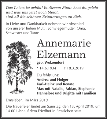 Traueranzeige von Annemarie Elzemann von Super Sonntag Aschersleben