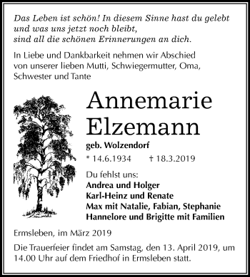 Traueranzeige von Annemarie Elzemann von Mitteldeutsche Zeitung Quedlinburg