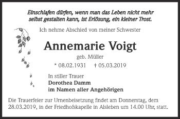 Traueranzeige von Annemarie Voigt von Super Sonntag Bernburg