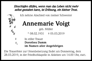 Traueranzeige von Annemarie Voigt von Mitteldeutsche Zeitung Bernburg