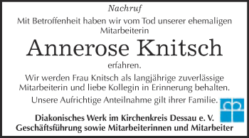 Traueranzeige von Annerose Knitsch von Super Sonntag Dessau / Köthen