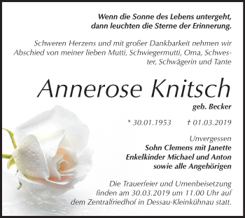 Traueranzeige von Annerose Knitsch von Mitteldeutsche Zeitung