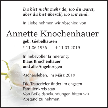 Traueranzeige von Annette Knochenhauer von Mitteldeutsche Zeitung Aschersleben