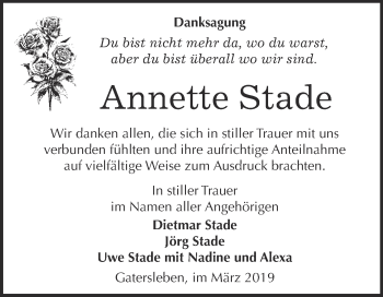 Traueranzeige von Annette Stade von WVG - Wochenspiegel Quedlinburg