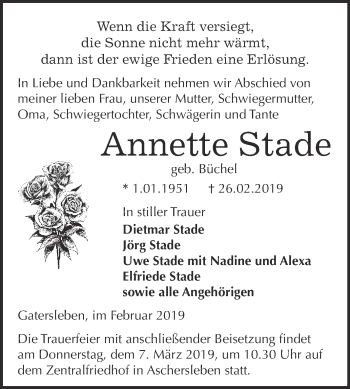 Traueranzeige von Annette Stade von WVG - Wochenspiegel Quedlinburg