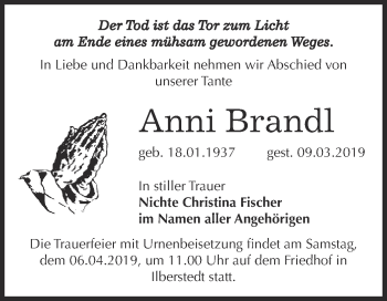Traueranzeige von Anni Brandl von Super Sonntag Bernburg