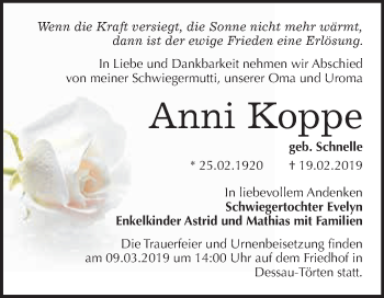 Traueranzeige von Anni Koppe von WVG - Wochenspiegel Dessau / Köthen