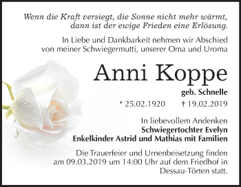 Traueranzeige von Anni Koppe von Mitteldeutsche Zeitung Dessau-Roßlau
