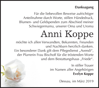 Traueranzeige von Anni Koppe von Mitteldeutsche Zeitung