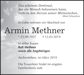 Traueranzeige von Armin Methner von Super Sonntag Aschersleben