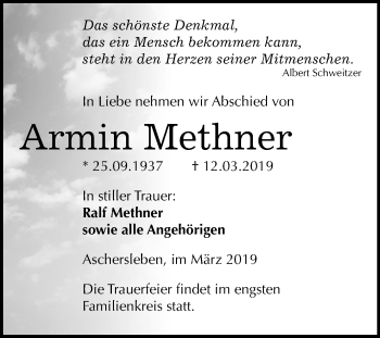 Traueranzeige von Armin Methner von Mitteldeutsche Zeitung Aschersleben