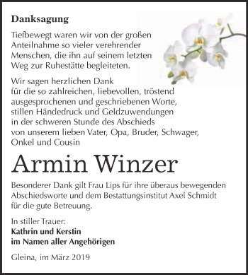 Traueranzeige von Armin Winzer von WVG - Wochenspiegel NMB / WSF / ZTZ