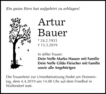 Traueranzeige von Artur Bauer von WVG - Wochenspiegel Merseburg