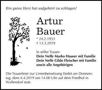 Traueranzeige von Artur Bauer von Mitteldeutsche Zeitung Merseburg/Querfurt