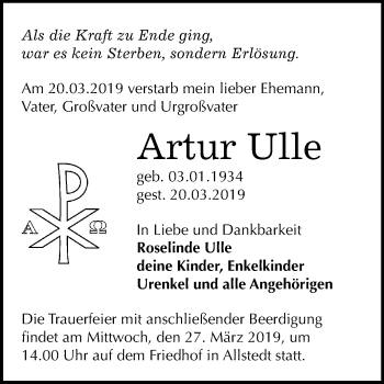 Traueranzeige von Artur Ulle von Mitteldeutsche Zeitung Sangerhausen