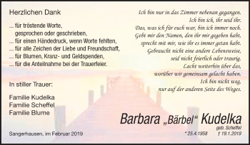 Traueranzeige von Barbara Kudelka von Super Sonntag SGH Mansf. Land