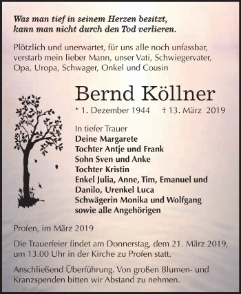 Traueranzeige von Bernd Köllner von WVG - Wochenspiegel NMB / WSF / ZTZ